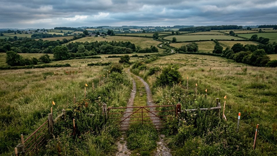 Overgrown country lane with gate and boundary markers