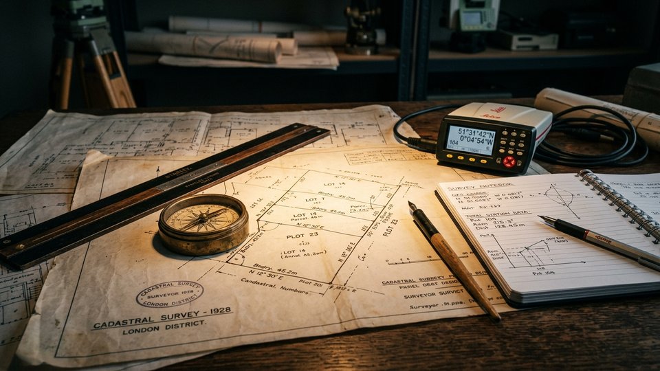 Cadastral survey blueprints with drafting instruments and surveyor notes
